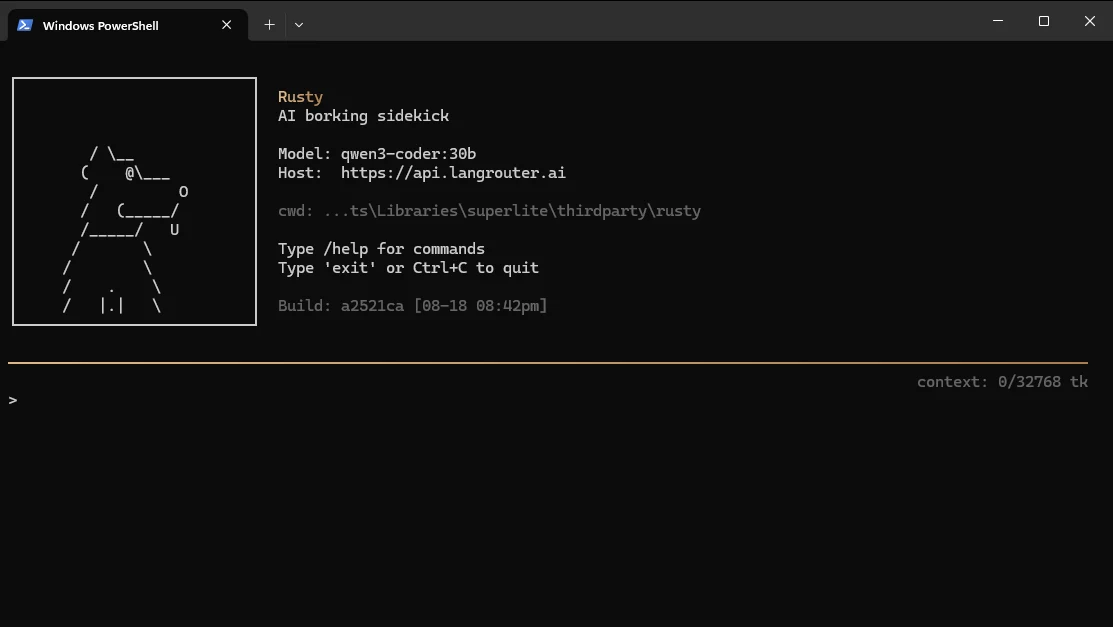 Rusty terminal welcome screen showing model, host, working directory, and context details