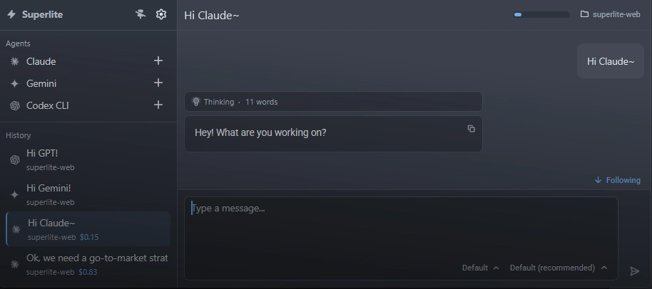 Superlite desktop showing multiple AI agent sessions